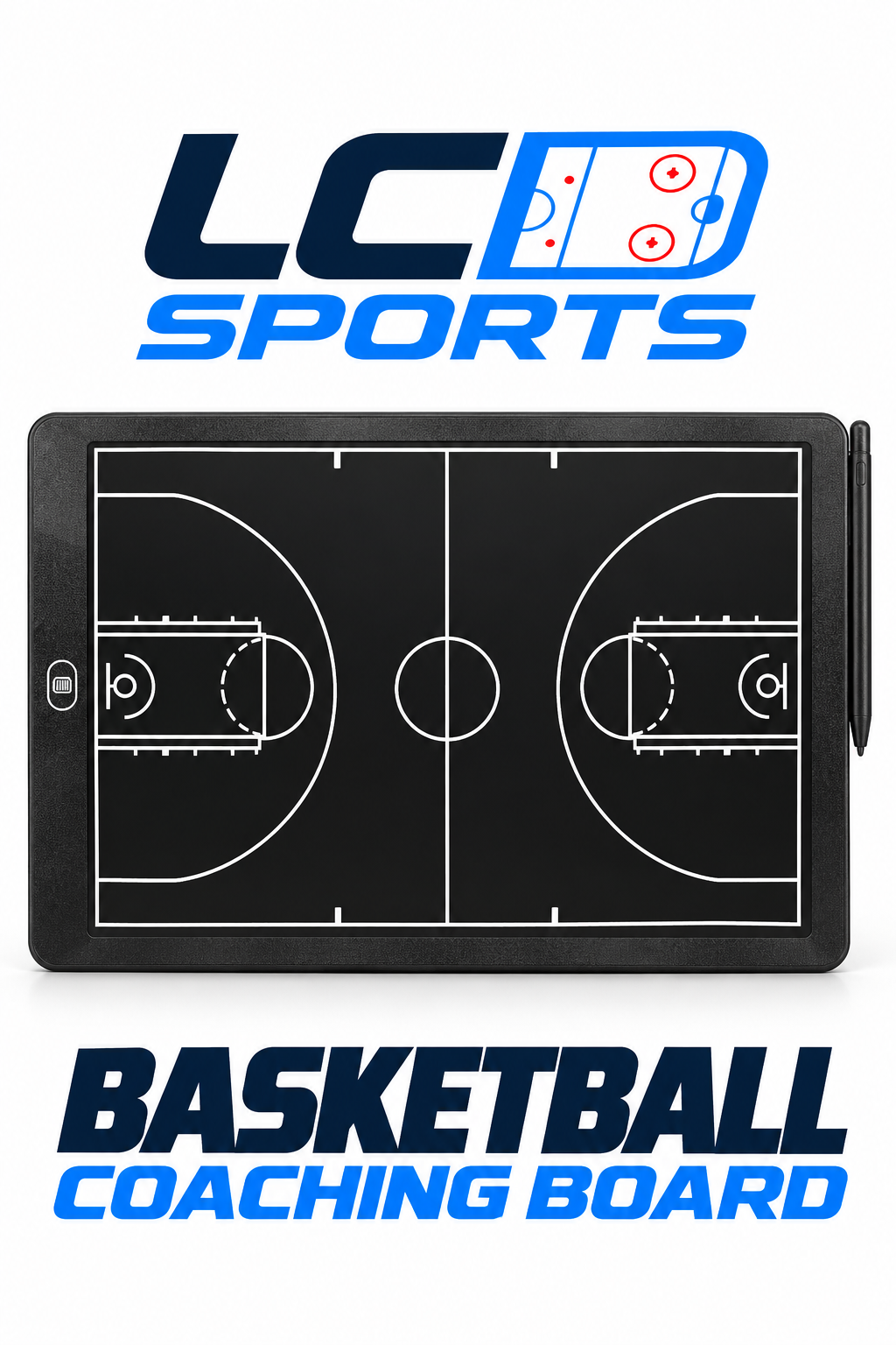 LCD Sports Basketball Coaching Board featuring a full basketball court diagram, electronic writing screen and stylus.